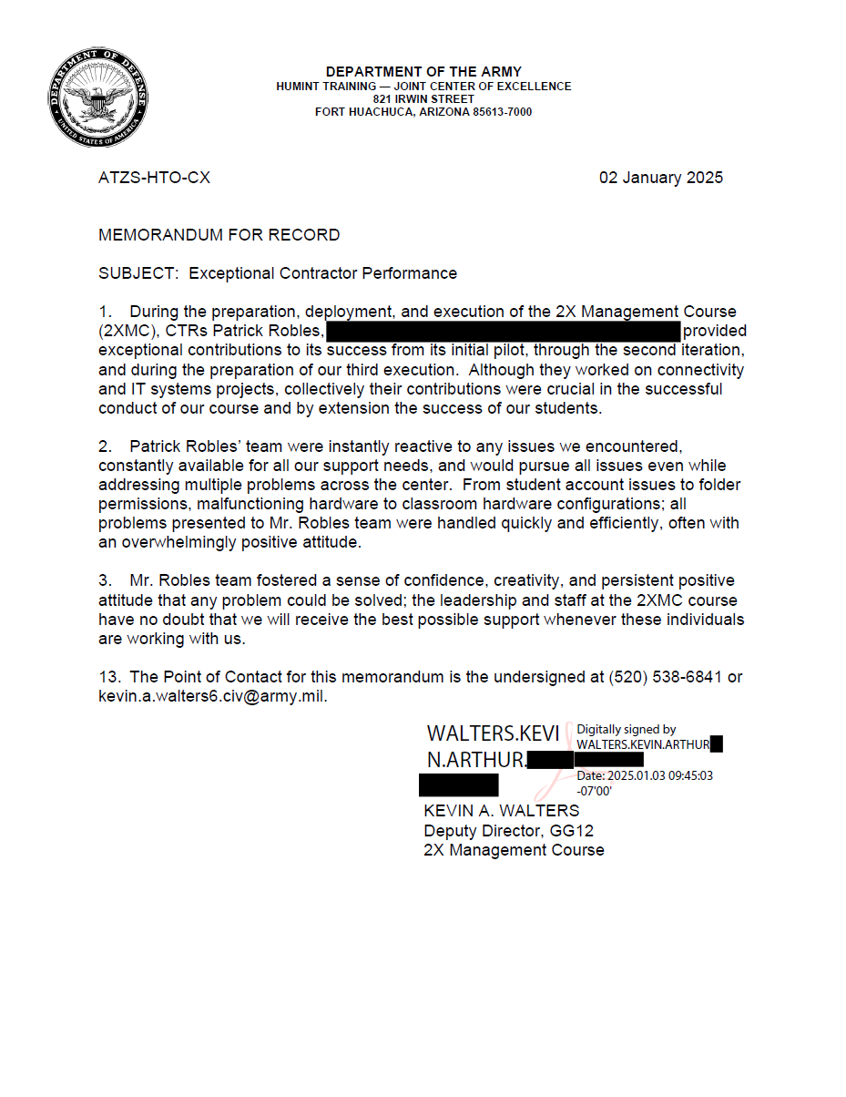 Memorandum For Record | Helpdesk excellence recognition document