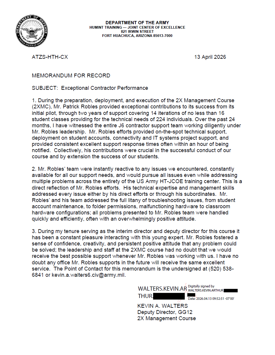 Memorandum For Record | Customer service excellence recognition