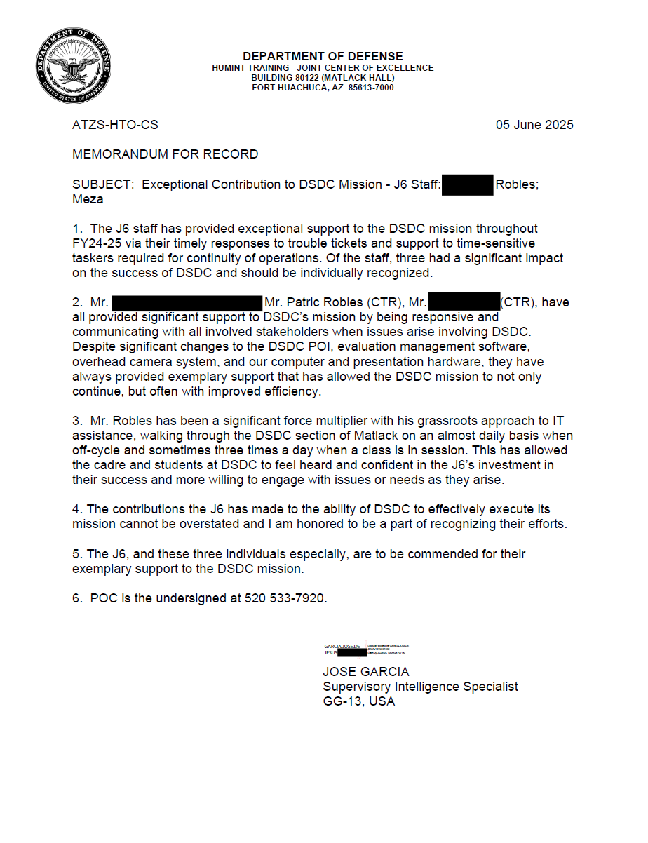 Memorandum For Record | Technical achievement recognition